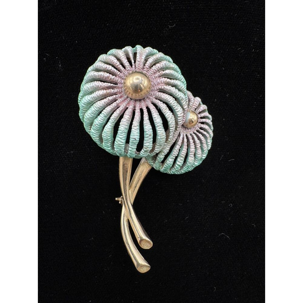 Vintage Enameled Teal and Purple Gold Tone Flower Brooch